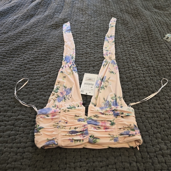 Zara Floral Ruched Halter Top Pink Size Large - Picture 3 of 10